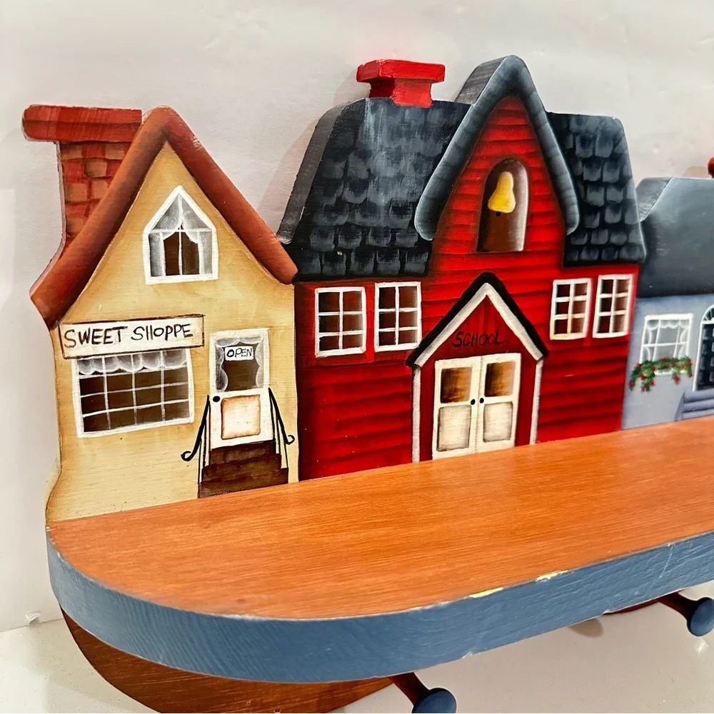 Vintage Cottagecore Village Scene‎ Wooden Wall Shelf Hooks Heart Hand Crafted